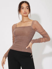 Felegant Mesh Panel Ruched Glitter Top. - Hues