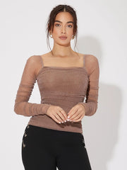 Felegant Mesh Panel Ruched Glitter Top. - Hues