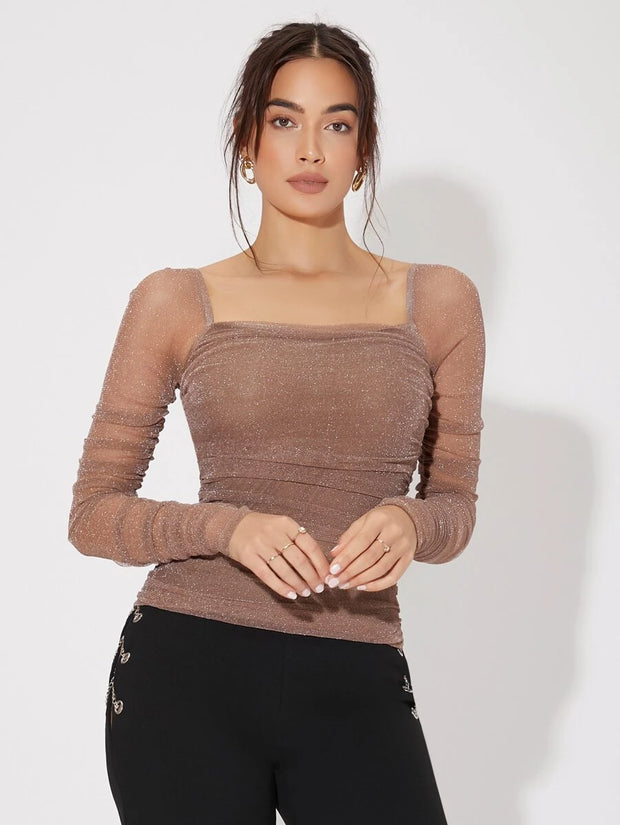 Felegant Mesh Panel Ruched Glitter Top. - Hues