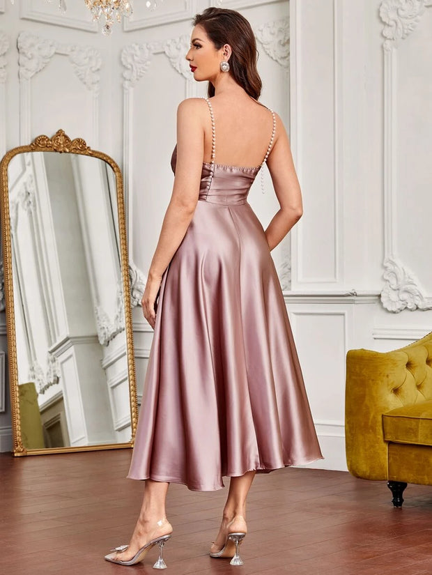 SHEIN Party Pearls Strap Overlap Collar Satin Cami Dress - Hues