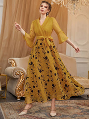Floral Embroidered Overlap Collar Flounce Sleeve Belted Dress - Hues