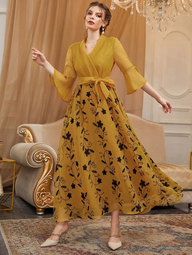 Floral Embroidered Overlap Collar Flounce Sleeve Belted Dress - Hues