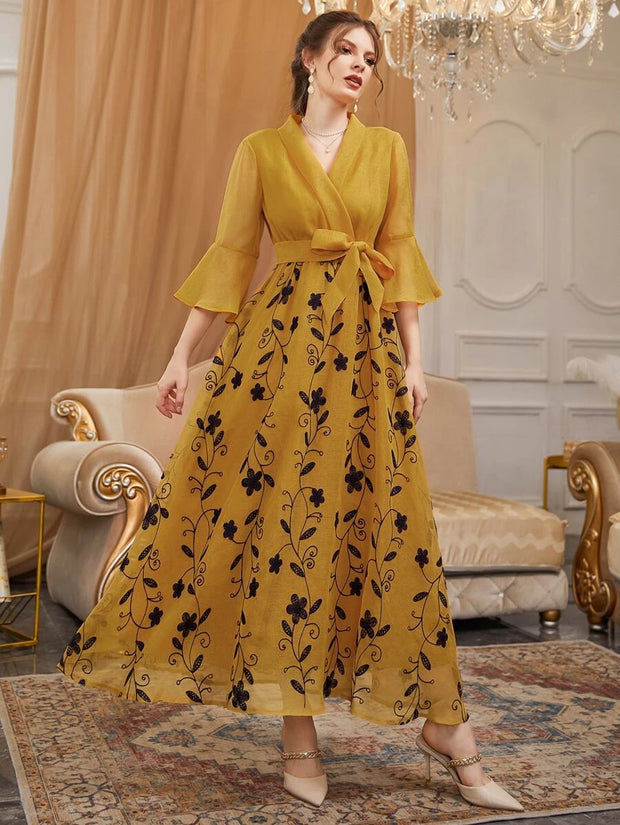 Floral Embroidered Overlap Collar Flounce Sleeve Belted Dress - Hues