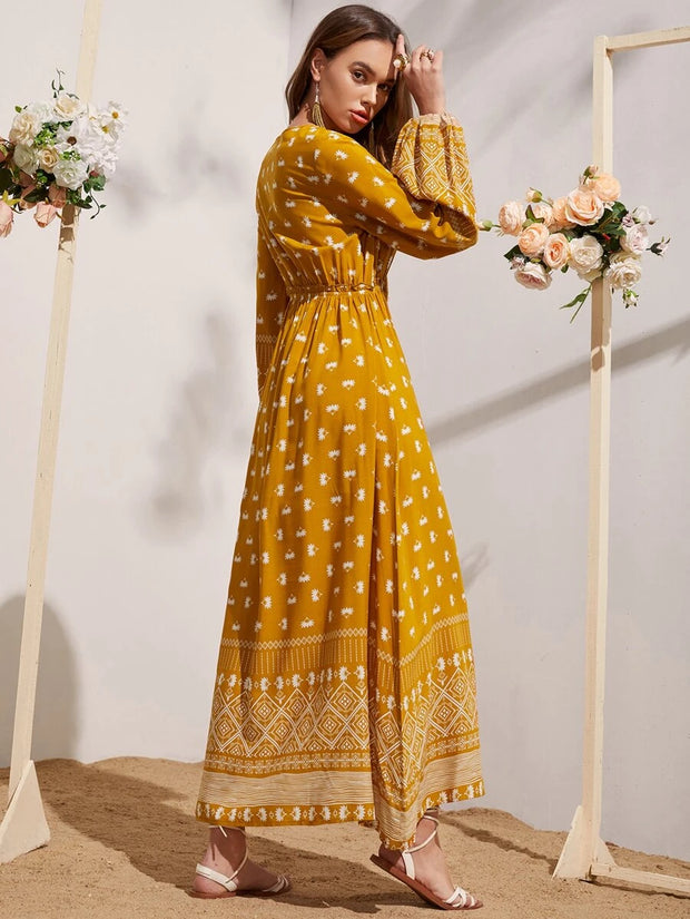 Floral and Geo Print Tassel Tie Neck Lantern Sleeve Dress - Hues