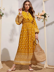 Floral and Geo Print Tassel Tie Neck Lantern Sleeve Dress - Hues