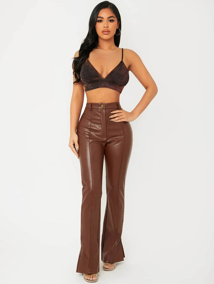SHEIN BAE Zipper Fly Seam Front Split Hem PU Leather Pants - Hues