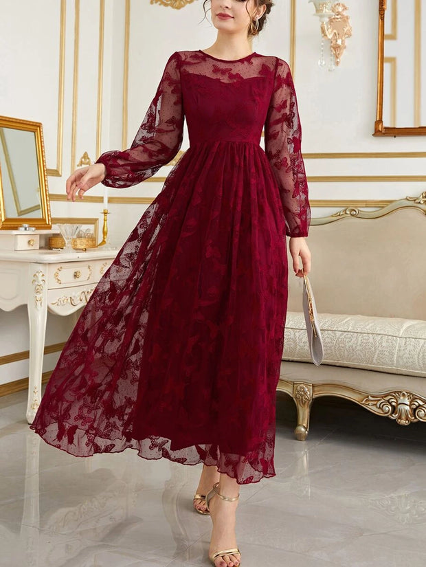 Butterfly Embroidery Mesh Lantern Sleeve Dress. - Hues