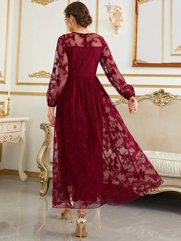 Butterfly Embroidery Mesh Lantern Sleeve Dress. - Hues