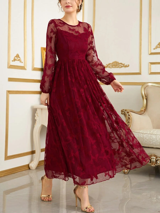 Butterfly Embroidery Mesh Lantern Sleeve Dress. - Hues