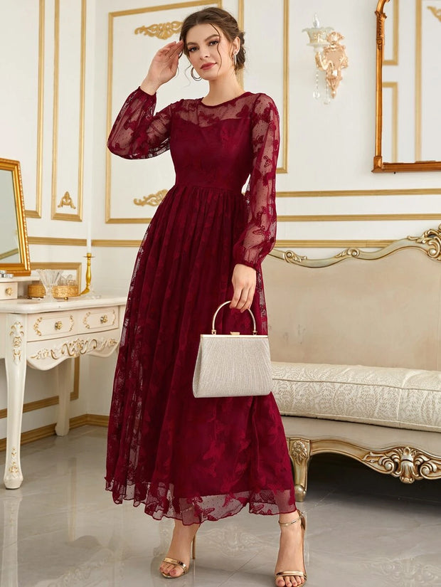Butterfly Embroidery Mesh Lantern Sleeve Dress. - Hues