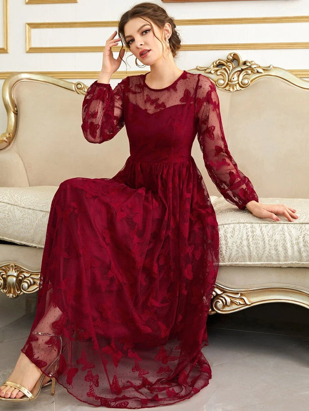 Butterfly Embroidery Mesh Lantern Sleeve Dress. - Hues
