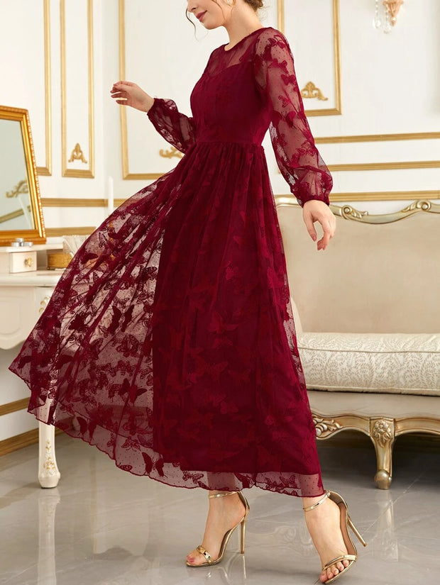 Butterfly Embroidery Mesh Lantern Sleeve Dress. - Hues