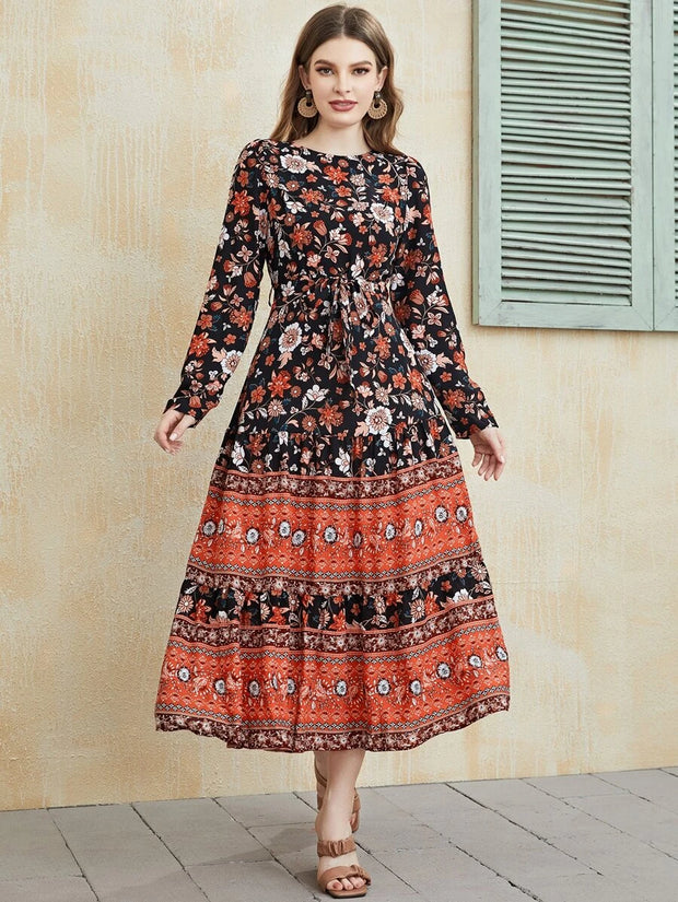 Floral Print Ruffle Hem Belted Dress - Hues