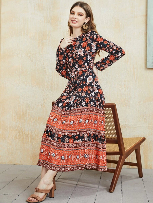 Floral Print Ruffle Hem Belted Dress - Hues