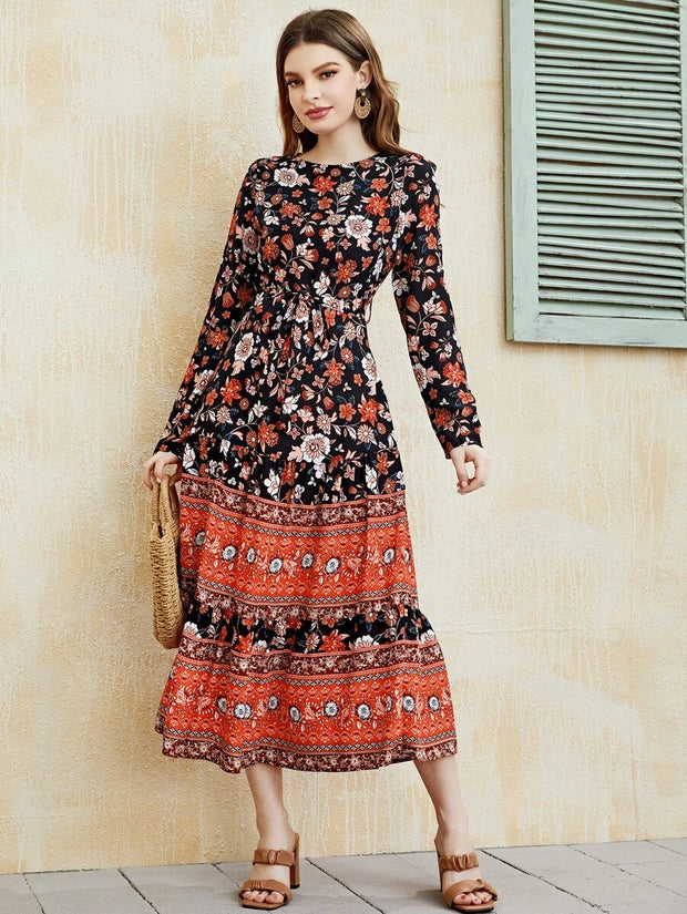 Floral Print Ruffle Hem Belted Dress - Hues