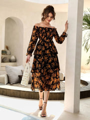 Floral Print Off Shoulder Shirred Flounce Sleeve Layered Hem Dress - Hues