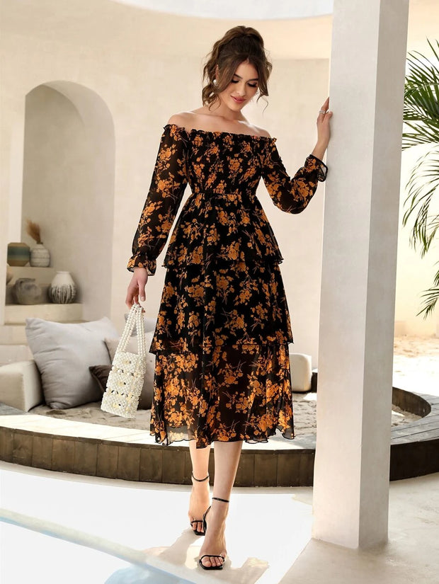 Floral Print Off Shoulder Shirred Flounce Sleeve Layered Hem Dress - Hues