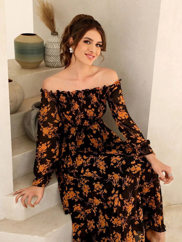 Floral Print Off Shoulder Shirred Flounce Sleeve Layered Hem Dress - Hues