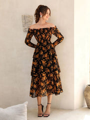 Floral Print Off Shoulder Shirred Flounce Sleeve Layered Hem Dress - Hues