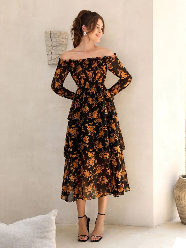 Floral Print Off Shoulder Shirred Flounce Sleeve Layered Hem Dress - Hues