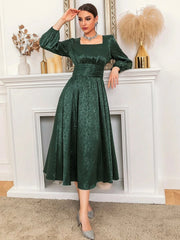 Jacquard Square Neck Ruched Corset Flare Hem Dress - Hues