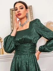 Jacquard Square Neck Ruched Corset Flare Hem Dress - Hues