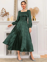 Jacquard Square Neck Ruched Corset Flare Hem Dress - Hues