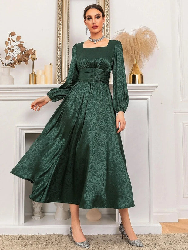 Jacquard Square Neck Ruched Corset Flare Hem Dress - Hues