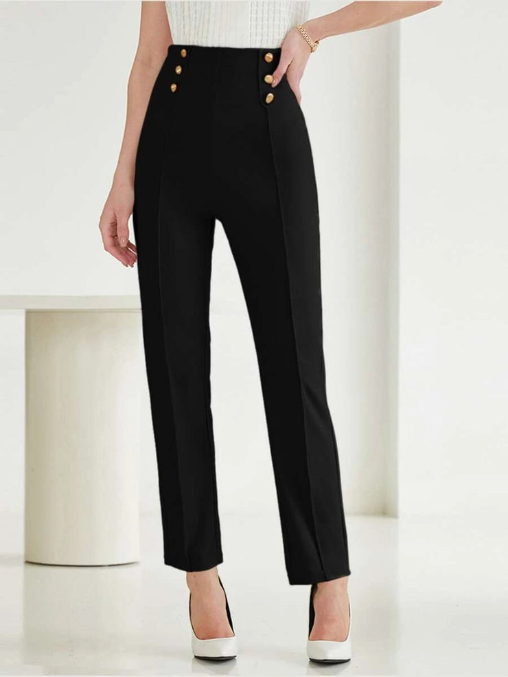 Press Crease Fake Button Straight Leg Pants - Hues
