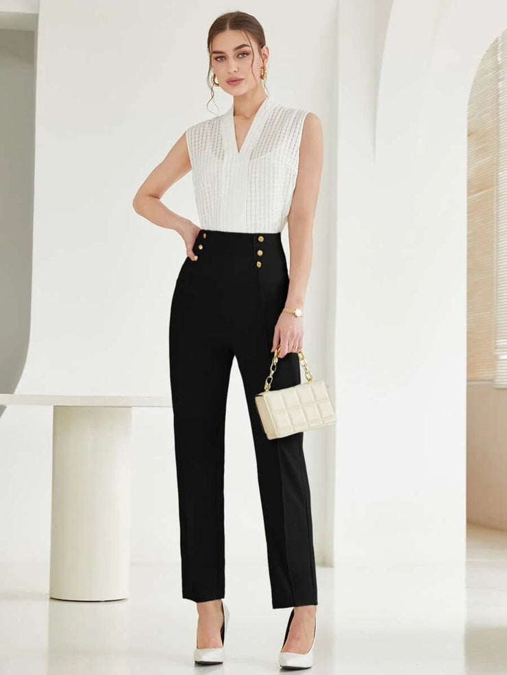 Press Crease Fake Button Straight Leg Pants - Hues