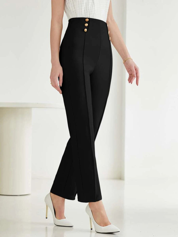 Press Crease Fake Button Straight Leg Pants - Hues