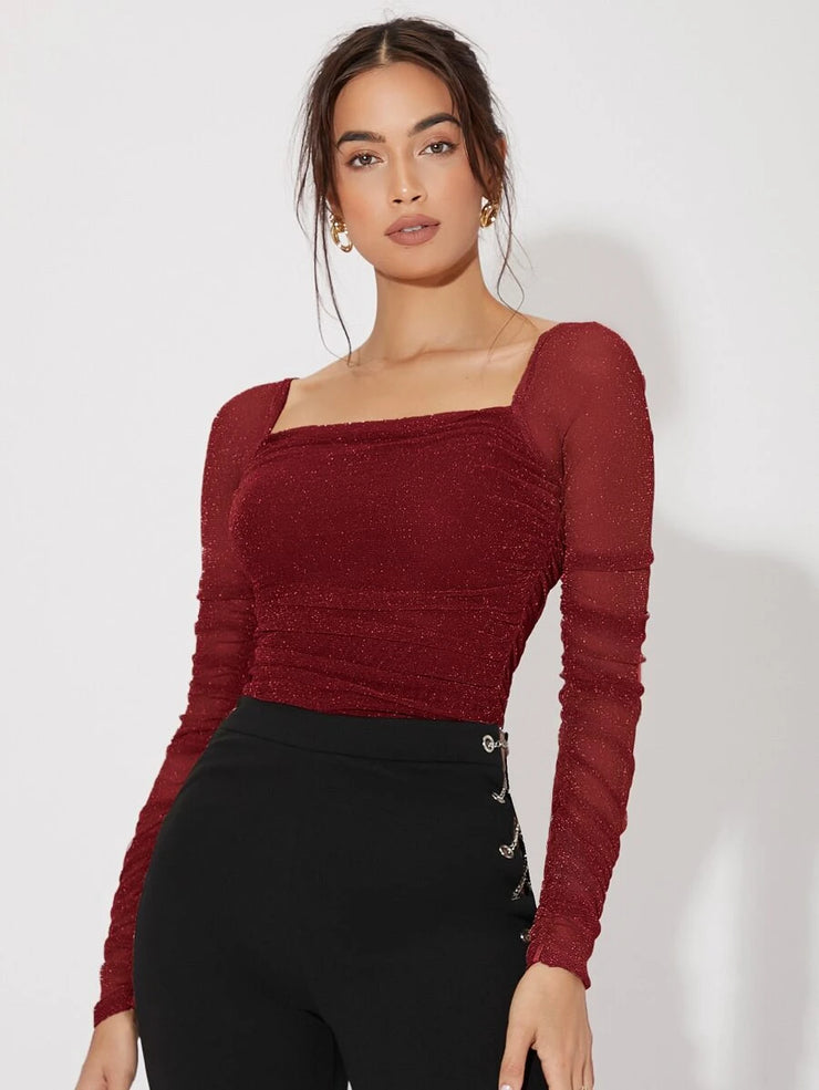 Felegant Mesh Panel Ruched Glitter Top - Hues