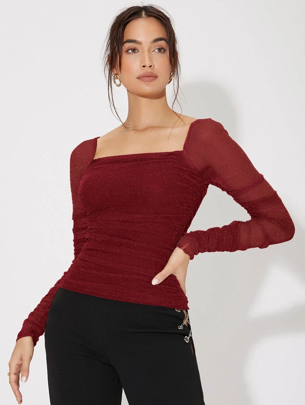 Felegant Mesh Panel Ruched Glitter Top - Hues