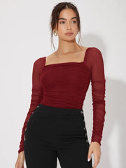 Felegant Mesh Panel Ruched Glitter Top - Hues