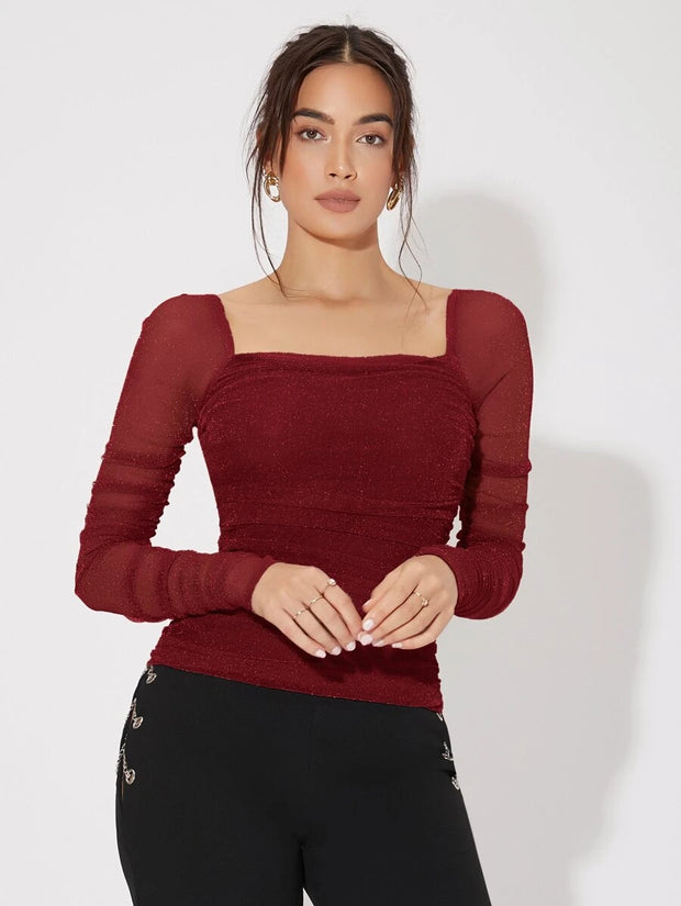 Felegant Mesh Panel Ruched Glitter Top - Hues
