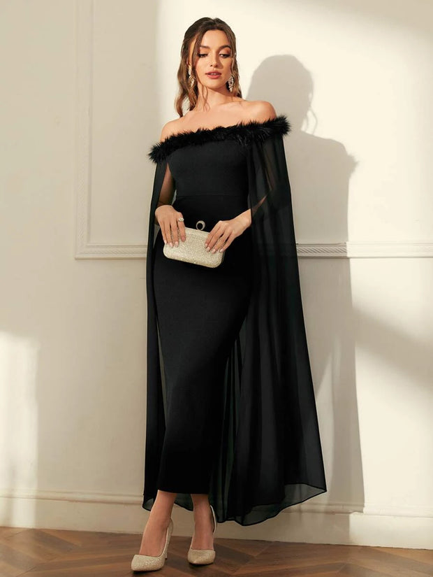 SHEIN Off Shoulder Fuzzy Trim Split Thigh Chiffon Prom Dress - Hues