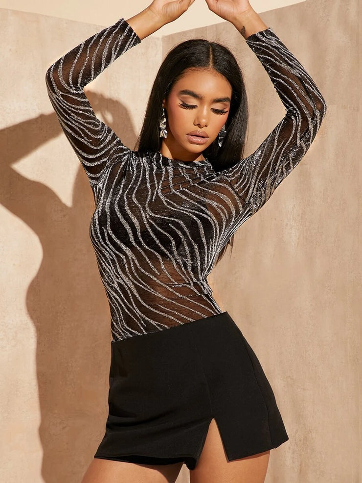 BAE Lettuce Trim Glitter Sheer Mesh Top Without Bra - Hues