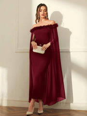 SHEIN Off Shoulder Fuzzy Trim Split Thigh Chiffon Prom Dress - Hues