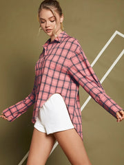 SHEIN Plaid Print Drop Shoulder Curved High Low Hem Shirt - Hues