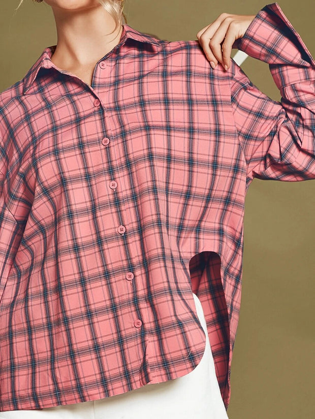 SHEIN Plaid Print Drop Shoulder Curved High Low Hem Shirt - Hues