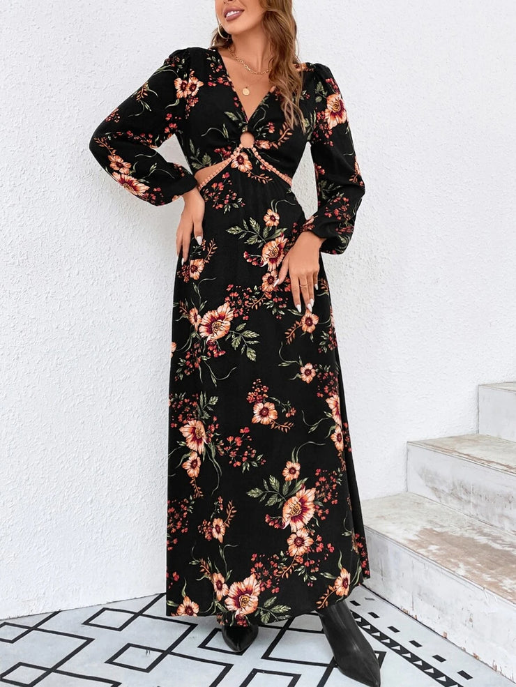 Floral Print Ring Linked Cut Out Lantern Sleeve Dress - Hues