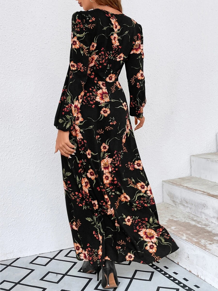 Floral Print Ring Linked Cut Out Lantern Sleeve Dress - Hues