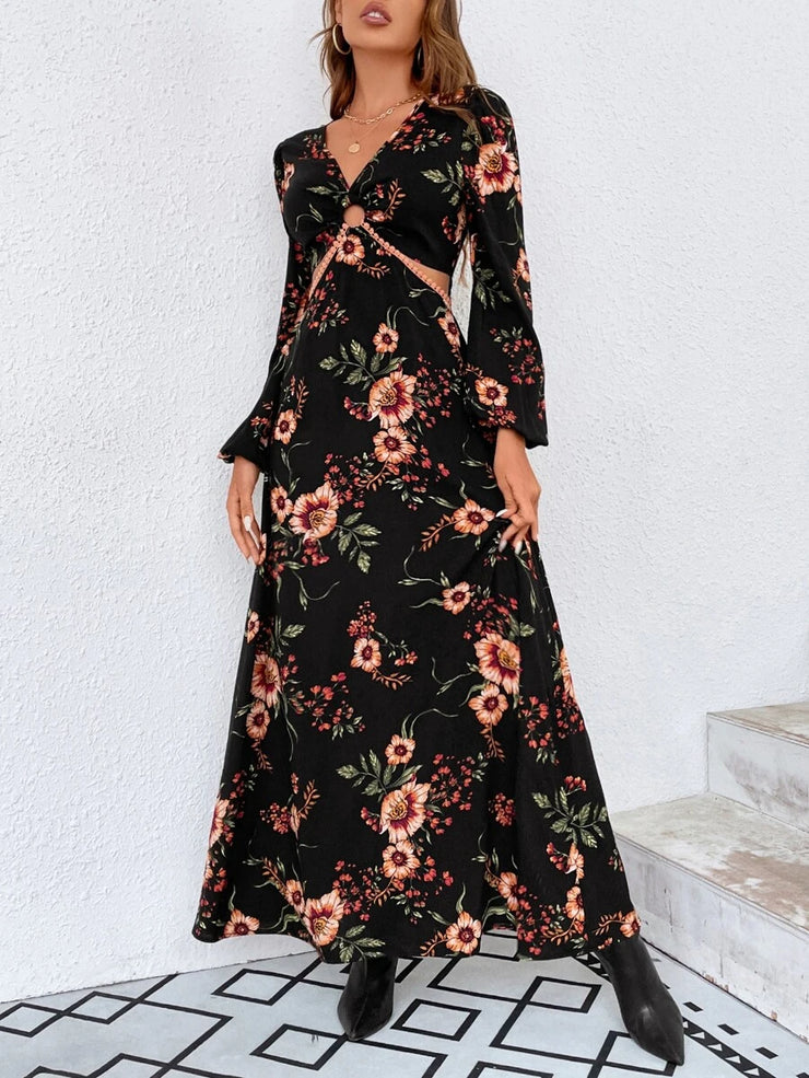 Floral Print Ring Linked Cut Out Lantern Sleeve Dress - Hues