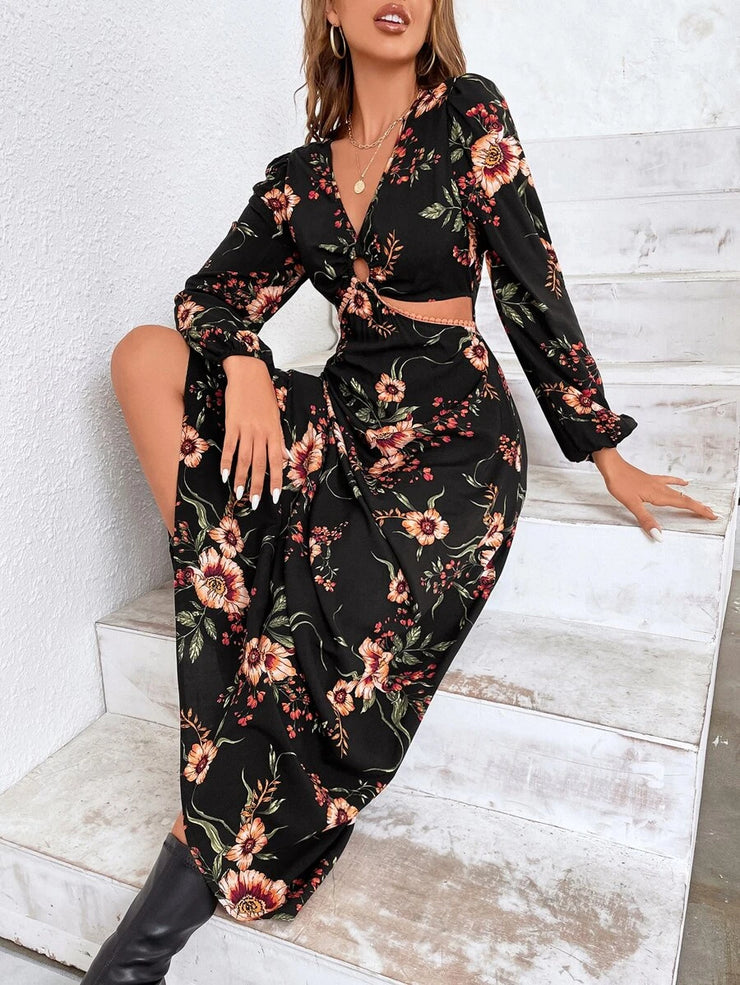 Floral Print Ring Linked Cut Out Lantern Sleeve Dress - Hues