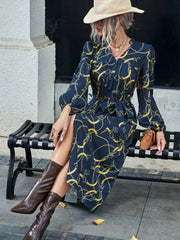 Chain Print Lantern Sleeve Split Hem Belted Dress - Hues