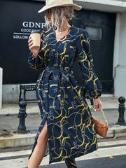Chain Print Lantern Sleeve Split Hem Belted Dress - Hues