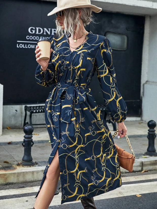 Chain Print Lantern Sleeve Split Hem Belted Dress - Hues