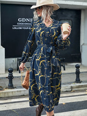 Chain Print Lantern Sleeve Split Hem Belted Dress - Hues