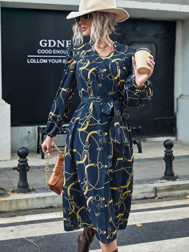 Chain Print Lantern Sleeve Split Hem Belted Dress - Hues