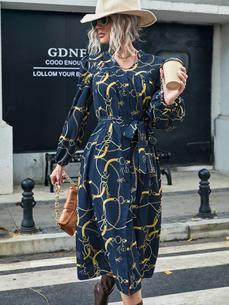 Chain Print Lantern Sleeve Split Hem Belted Dress - Hues